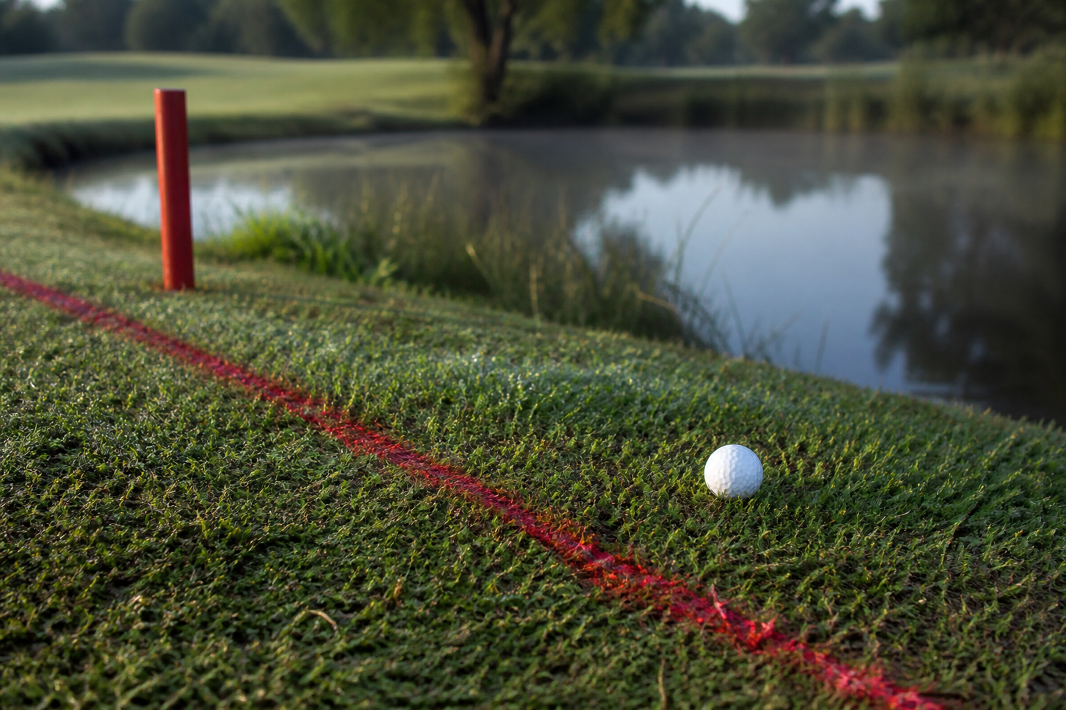 Close-up editorial golf image showing a white ball in grass on the water side of a painted red penalty-area boundary line, with a red stake and pond in the background.