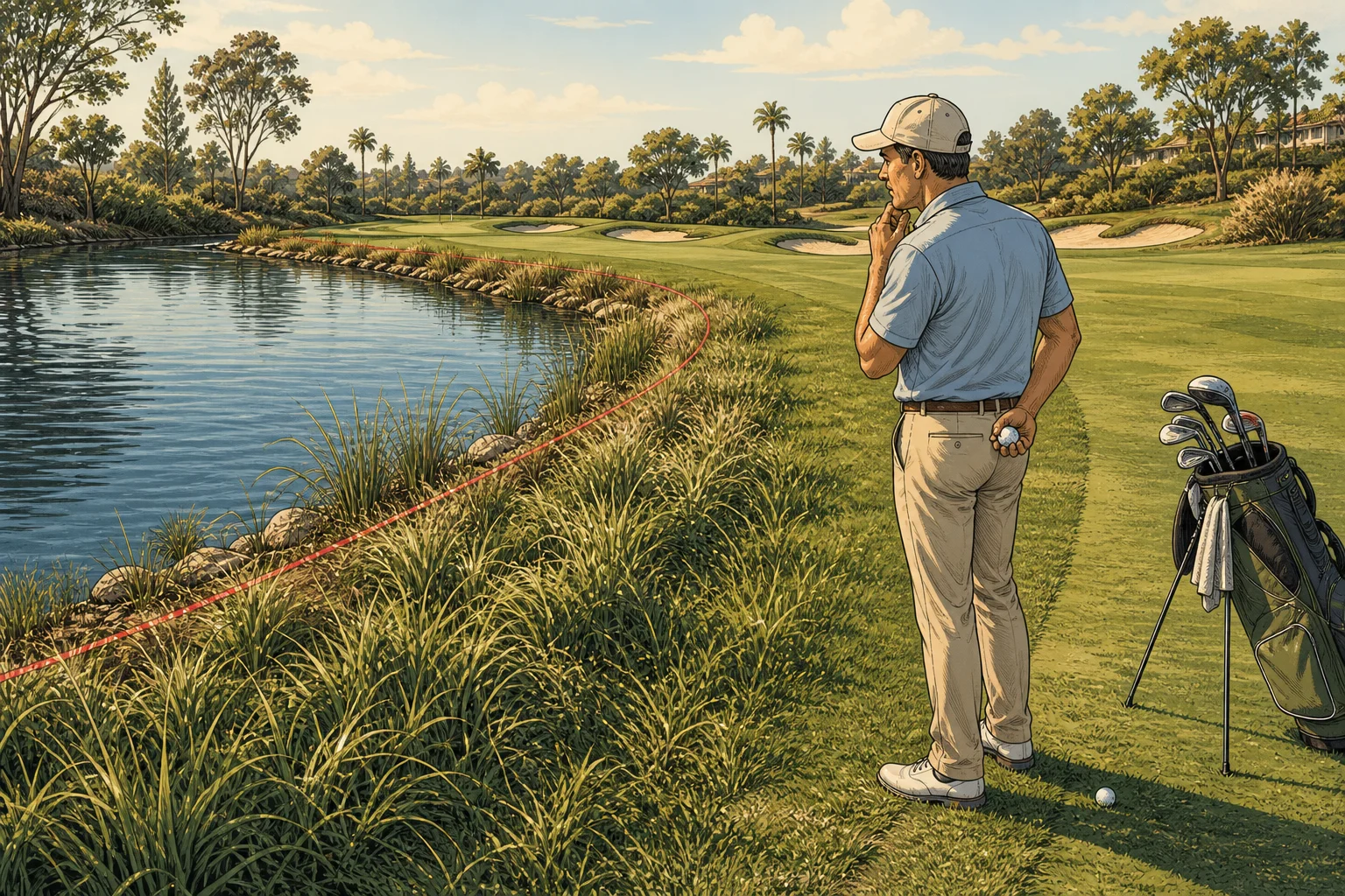 Editorial illustration of a golfer considering rough beside a pond and shorter grass farther away