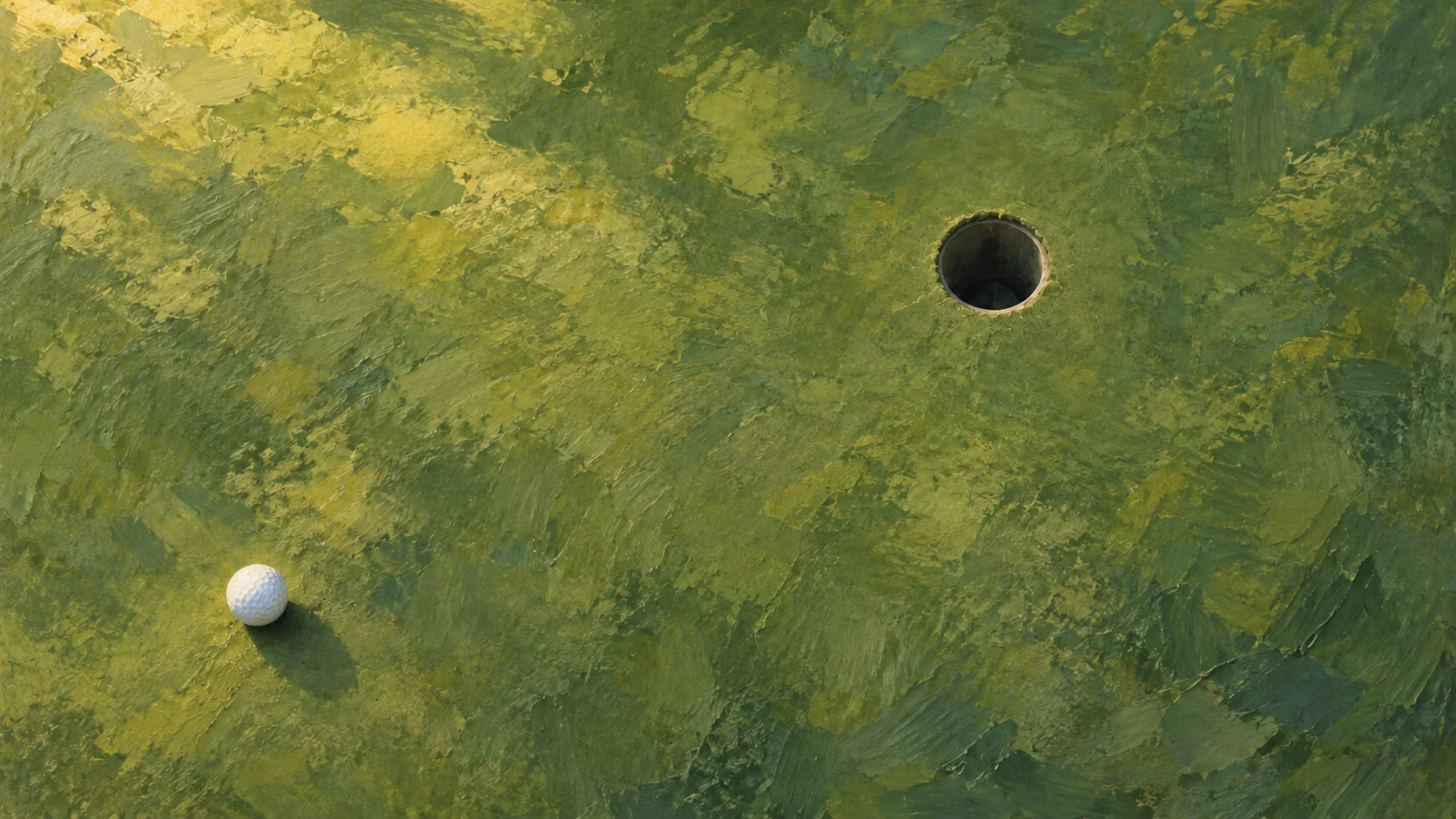 A lone white golf ball and a dark cup separated by a textured olive-green putting surface in warm afternoon light.