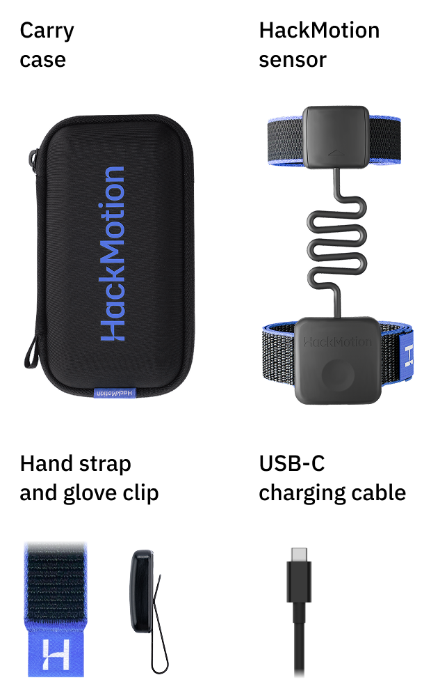 HackMotion wrist sensor hardware shown with its hand strap, carry case, glove clip and USB-C charging cable.