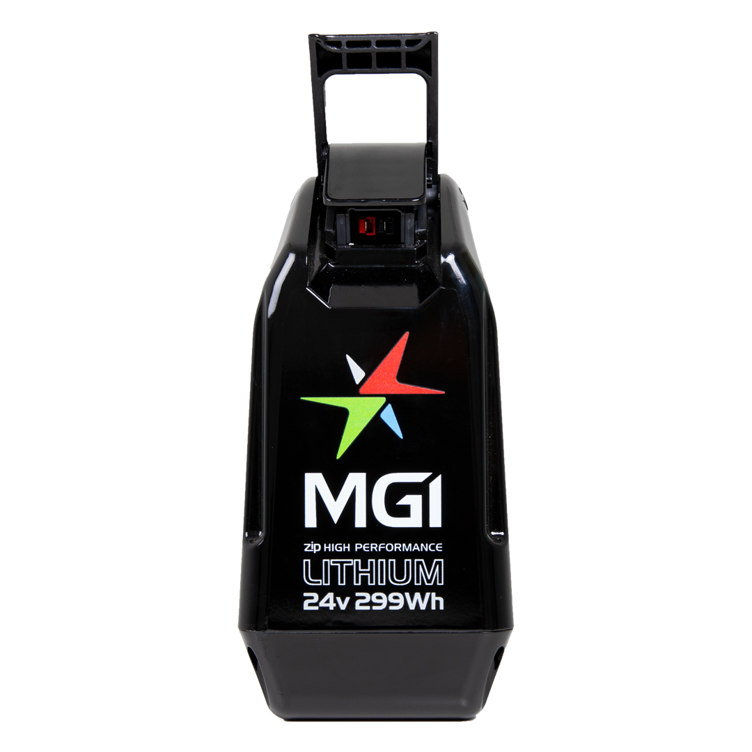 MGI Zip 24V 299Wh lithium battery pack with carrying handle