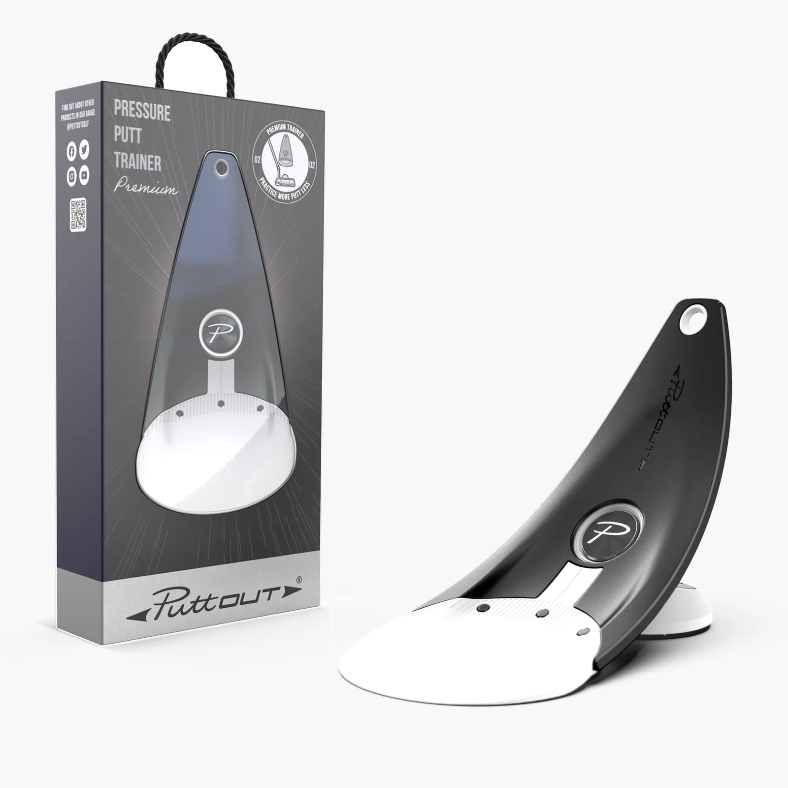 PuttOUT Premium Pressure Putt Trainer showing its curved return ramp and retail packaging.