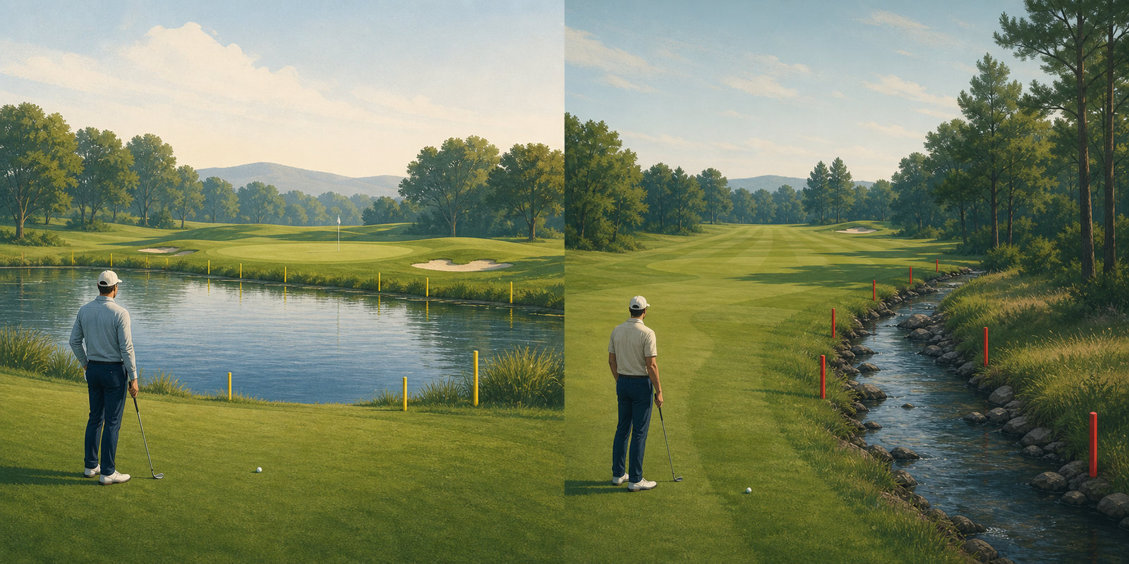 Two-panel editorial golf illustration. A golfer faces a pond marked with yellow stakes on the left, while another golfer stands beside a fairway creek marked with red stakes on the right.