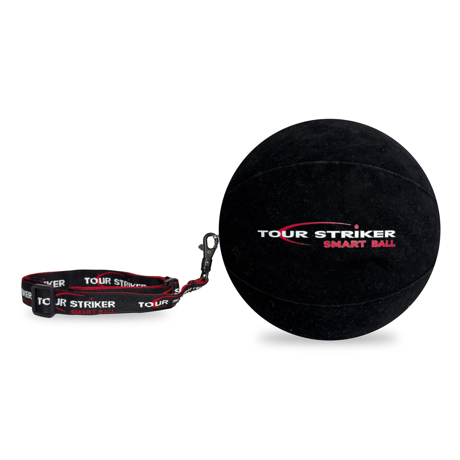 The black Tour Striker Smart Ball and its adjustable black-and-red neck strap on a white background.