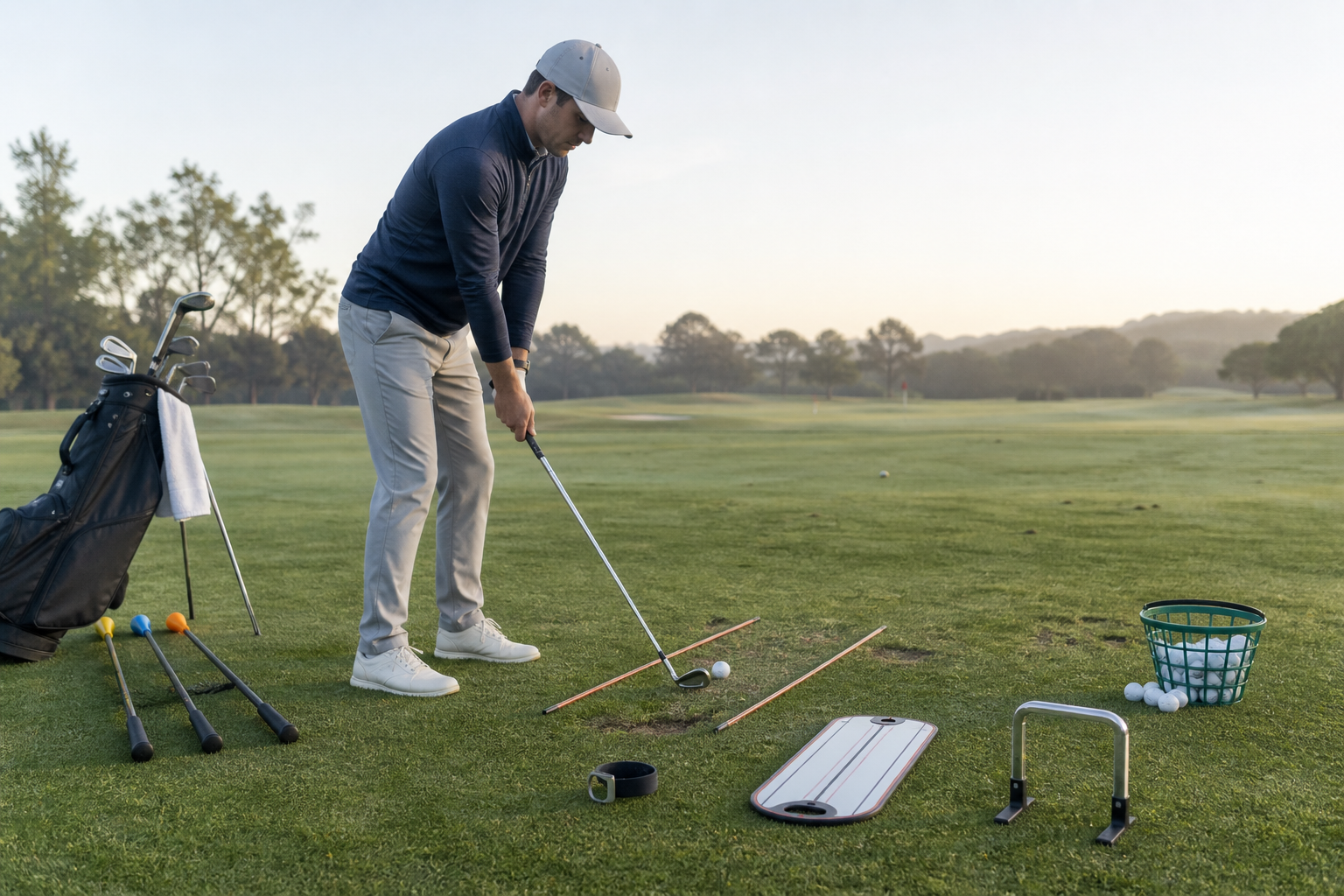 A golfer practices on grass with generic alignment rods, a putting mirror, a putting gate, a wrist sensor and three weighted training sticks arranged around the hitting station.